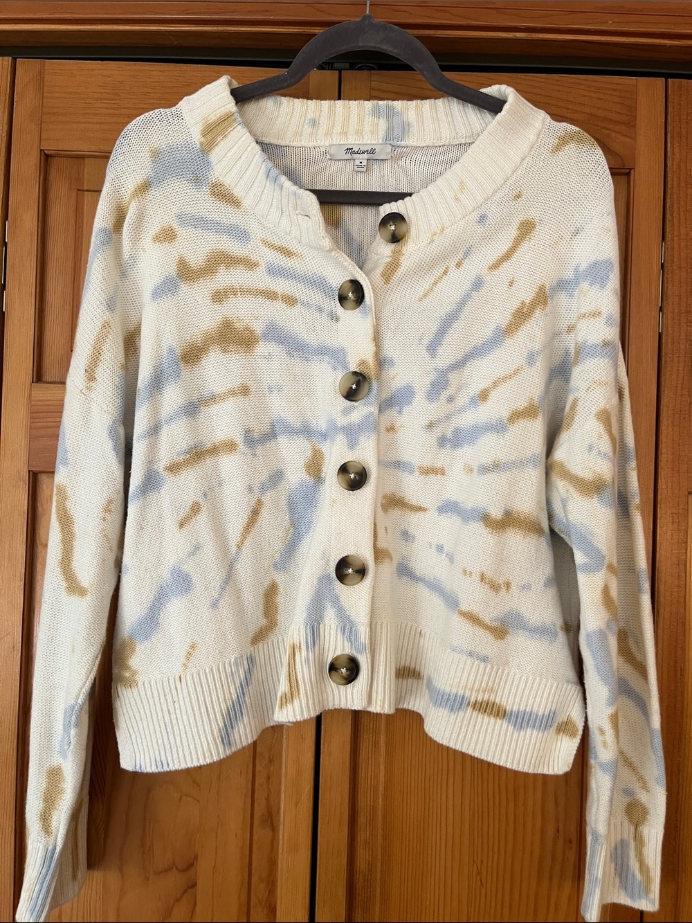 Madewell Cream Cardigan with Blue and Tan Tie-Dye Accents